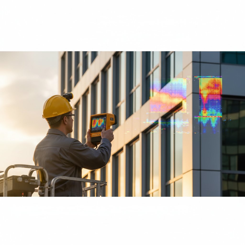 Specjalista przeprowadzający audyt energetyczny budynku przy użyciu kamery termowizyjnej